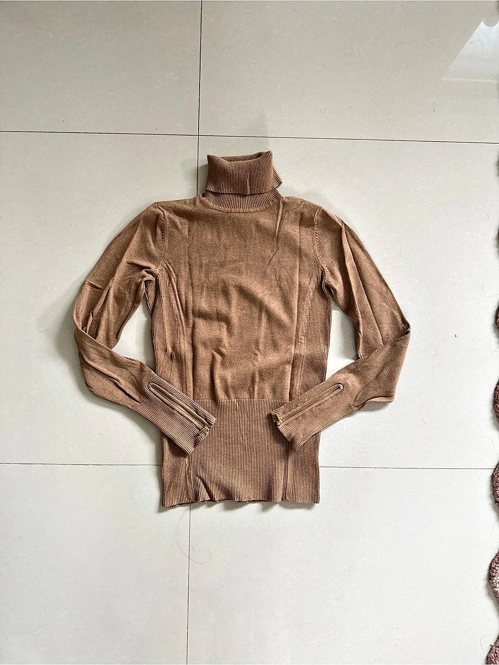 CACHE Ribbed Turtleneck Sweater Brown XS